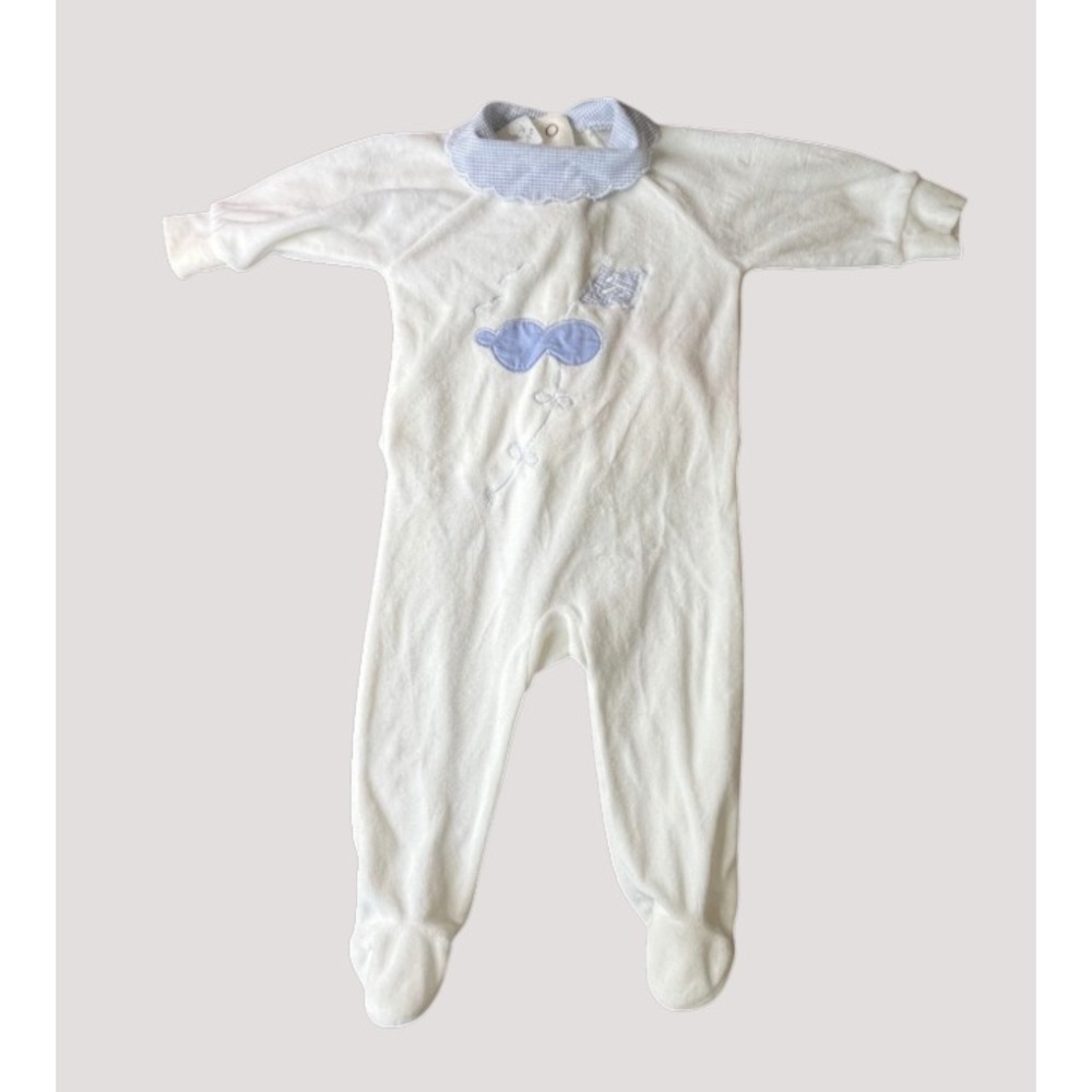 Vintage PANDA BRAND Velour Footed Pajamas Sleeper BLUE CHECK TRIM sz 3-Months